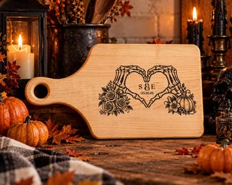 Skeleton Wedding Cutting Board, Personalized Initials Date Engraved Wood Board, Gothic Anniversary Gift, Halloween Wedding Kitchen Decor