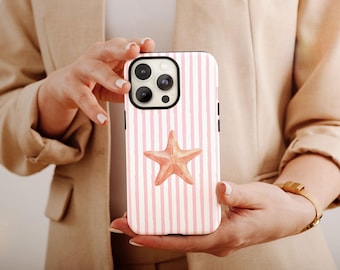 Pink Starfish Phone Case, Stripes Pattern For Chic Girlies, Summer Phone Case, Beach Phone Case, Striped Phone Case,  Starfish Phone Case