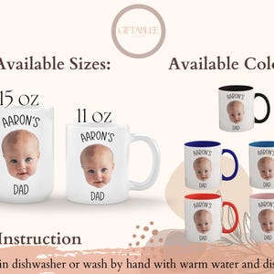 The image is a promotional poster for personalized mugs featuring a baby's face. It provides information about the available sizes and colors, along with instructions for care.
