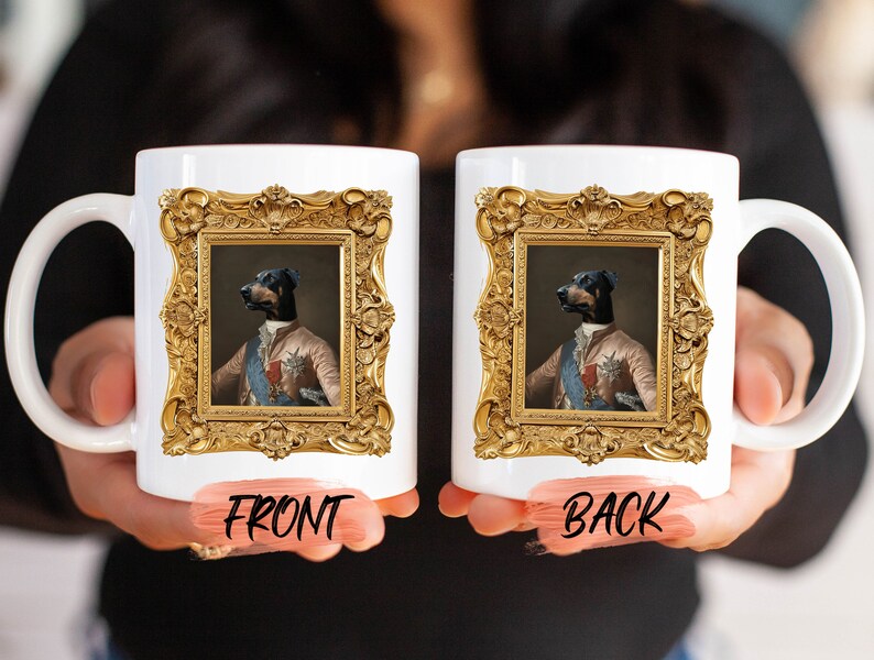 a person holding two coffee mugs with a picture of a dog