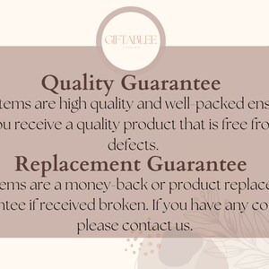 Pode incluir: Um gr&aacute;fico rosa e marrom com o texto "GIFTABLEE" em um c&iacute;rculo no topo. O texto "Quality Guarantee" est&aacute; em uma fonte marrom grande. O texto "Our items are high quality and well-packed ensuring you receive a quality product that is free from defects." est&aacute; em uma fonte marrom menor. O texto "Replacement Guarantee" est&aacute; em uma fonte marrom grande. O texto "Our items are a money-back or product replacement guarantee if received broken. If you have any concern, please contact us." est&aacute; em uma fonte marrom menor.