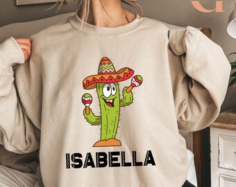 Sudadera personalizada con diseño de cactus, sudadera con capucha personalizada para el Cinco de Mayo para él/ella, sudadera con capucha con nombre personalizado, suéter personalizado con diseño de cactus