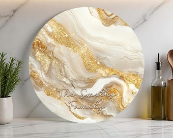 Gold Marble Name Cutting Board, Custom Family Name Glass Cutting Board, Elegant Neutral Kitchen Decor, Christmas Housewarming Gift
