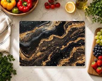 Black Gold Marble Cutting Board, Luxury Glass Cutting Board, Black Kitchen Decor, Modern Housewarming Wedding Gift