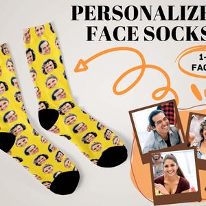 May include: A pair of yellow socks with black heels and toes, covered in repeating faces. The text "PERSONALIZED FACE SOCKS" is at the top. The image also shows three framed photos and the text "1-3 FACES".