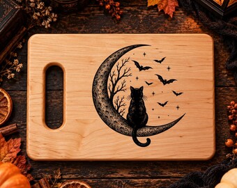 Cat Crescent Moon Cutting Board, Black Cat Engraved Wood Board, Witchy Halloween Kitchen Decor, Celestial Gift for Cat Lovers, Cat Mom Gift