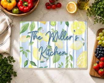 Personalized Lemon Cutting Board, Custom Family Name Glass Cutting Board, Watercolor Blue Stripe Citrus Kitchen Decor, Housewarming Mom Gift