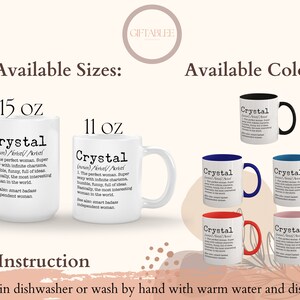 Peut inclure: Une tasse en c&eacute;ramique blanche avec une poign&eacute;e noire. La tasse a une d&eacute;finition du mot "Crystal" imprim&eacute;e dessus. La tasse est disponible en 11 oz et 15 oz et en plusieurs couleurs, notamment noir, bleu, rouge et rose.