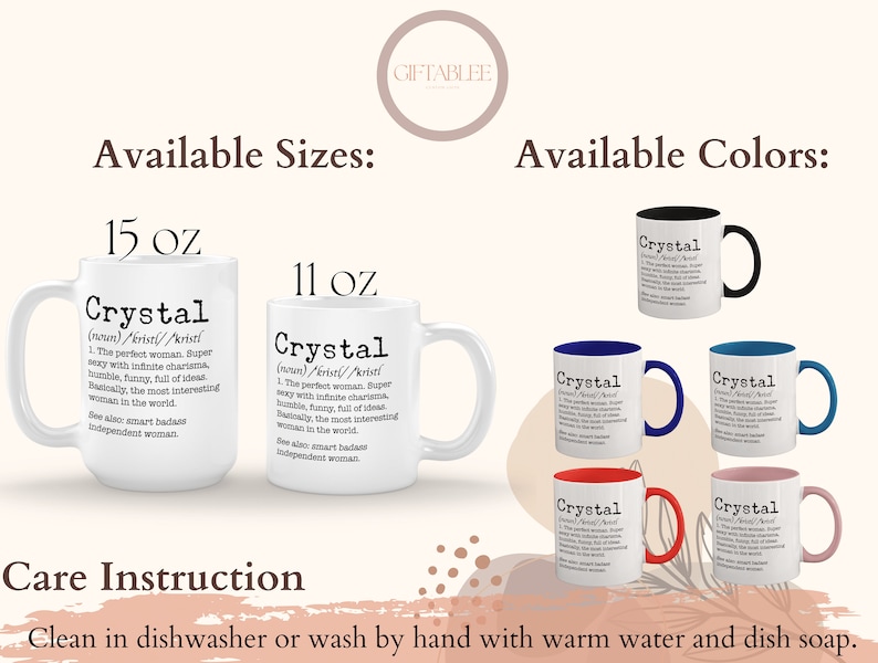 Peut inclure: Une tasse en c&eacute;ramique blanche avec une poign&eacute;e noire. La tasse a une d&eacute;finition du mot "Crystal" imprim&eacute;e dessus. La tasse est disponible en 11 oz et 15 oz et en plusieurs couleurs, notamment noir, bleu, rouge et rose.