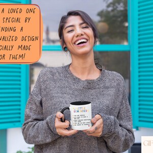a woman holding a coffee mug with a speech bubble above her