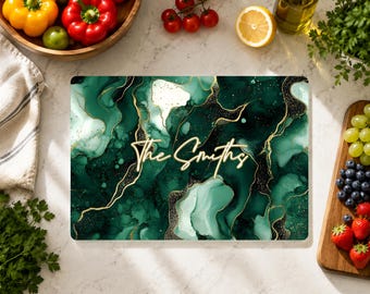 Personalized Green Gold Marble Cutting Board, Custom Family Name Glass Cutting Board, Wedding Housewarming Anniversary Gift