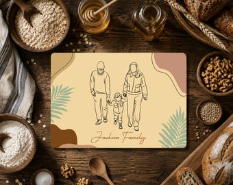 Custom Outline Art Cutting Board, Personalized Photo Line Art Glass Cutting Board, Family Name Keepsake, Gift for Parents Grandparents