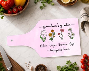 Personalized Birth Flower Cutting Board, Grandma's Garden Glass Cutting Board, Mom’s Garden, Custom Grandkids Names, Gift for Mom Grandma