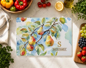 Pear Orchard Monogram Cutting Board, Custom Family Name Glass Cutting Board, Watercolor Fruit Kitchen Decor, Housewarming Gift for Mom Grama