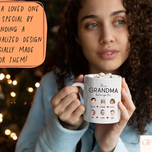a woman holding a coffee mug with the words grandma on it