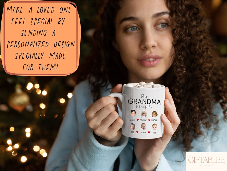 a woman holding a coffee mug with the words grandma on it