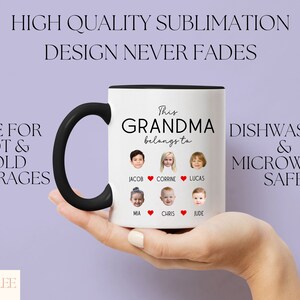 a person holding a coffee mug with the words, high quality sublimation design