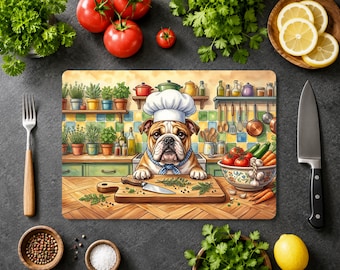English Bulldog Cutting Board, Bulldog Chef Glass Cutting Board, Funny Dog Kitchen Decor, Bulldog Lover Housewarming Gift, Bully Owner