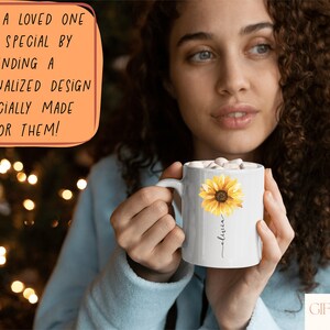 Caneca personalizada com girassol, caneca de girassol para presente de Natal para amantes de girassóis, caneca de girassol, caneca ensolarada, canecas de girassol para mulheres imagem 5