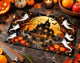 Haunted House Cutting Board, Halloween Glass Cutting Board, Spooky Kitchen Decor, Ghost Pumpkin Serving Board, Halloween Gift, Gothic Decor