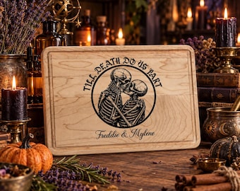Till Death Do Us Part Cutting Board, Personalized Couple Name Engraved Wood Board, Gothic Wedding Gift, Anniversary Gift for Couple