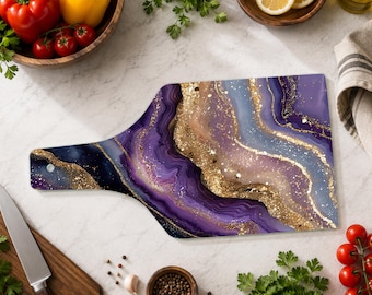 Purple Amethyst Cutting Board, Purple Marble Glass Cutting Board, Gold Geode Kitchen Decor, Luxury Gift for Purple Lover
