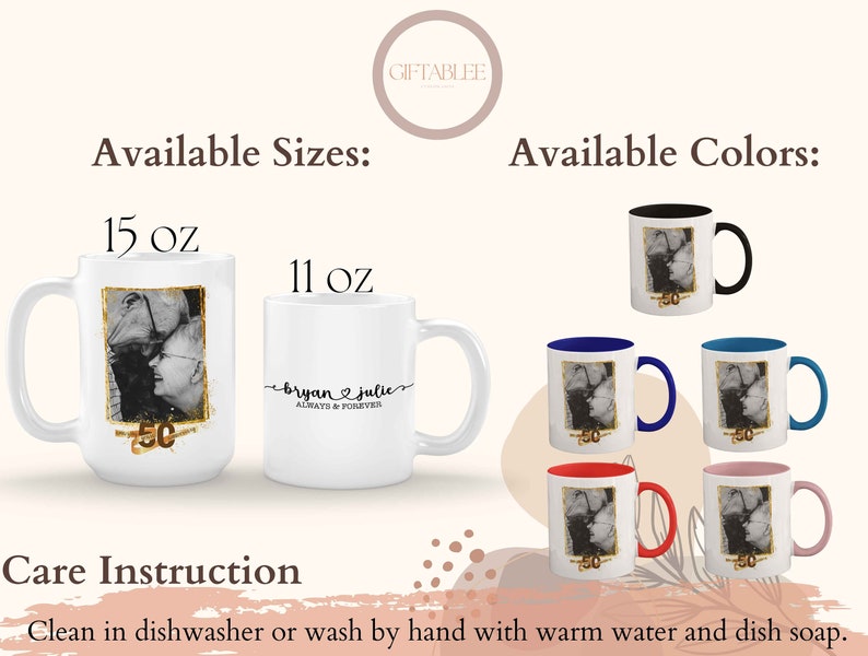 May include: Two white ceramic mugs with a photo of a couple and the text "bryan & julie ALWAYS & FOREVER" on one mug. The mugs are available in 11 oz and 15 oz sizes and in a variety of colors including black, blue, red, and pink.