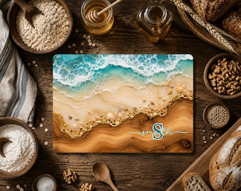 Ocean Marble Art Cutting Board, Coastal Glass Cutting Board, Custom Family Name Beach House Decor, Wedding Housewarming Gift