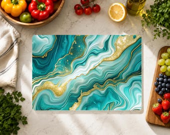 Teal And Gold Decor Cutting Board, Teal Marble Glass Cutting Board, Turquoise Geode Kitchen Decor, Coastal Housewarming Gift