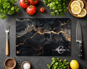 Custom Black Gold Cutting Board, Personalized Monogram Glass Cutting Board, Luxury Marble Kitchen Decor, Birthday Housewarming Gift