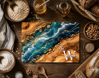 Coastal Waves Cutting Board, Personalized Ocean Waves Glass Cutting Board, Custom Family Name Monogram, Beach House Wedding Gift, Resin Wood