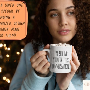 a woman holding a coffee mug with a thought bubble above her