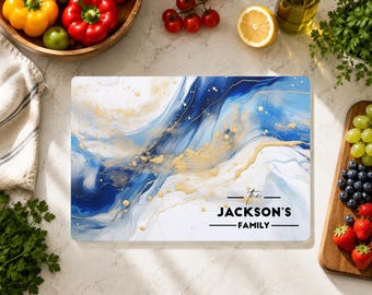 Blue Gold Marble Cutting Board, Custom Family Name Glass Cutting Board, Elegant Wedding Housewarming Gift
