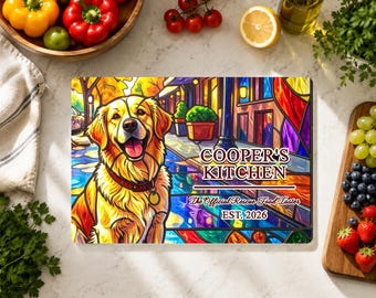 Pet Portrait Stained Glass Cutting Board, Custom Dog Cat Photo Cutting Board, Stained Glass Pet Kitchen Decor, Rescue Pet Gift, Dog Mom Gift