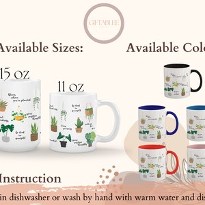 May include: White ceramic mug with a plant-themed design and the text "Bloom where you're planted". The mug is available in two sizes: 11 oz and 15 oz. The mug is also available in a variety of colors, including black, blue, red, and pink.