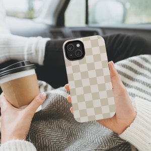 Beige Checkered Phone Case - Slim Case or Tough Case - iPhone 12, 13, 14 & more - retro phone case neutral, tan check