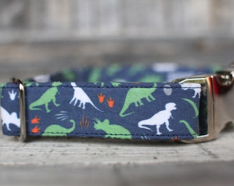 Dinosaur Dog Collar, Navy and Green Dog Collar, Male Dog Collar, Fabric Dog Collar, Large Dog Collar, Small Dog Collar, Gift for Pet Lovers