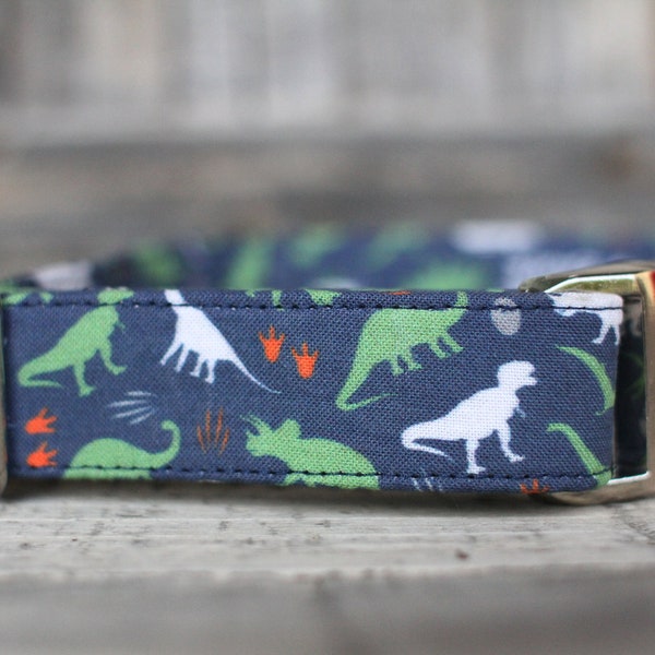 Dinosaur Dog Collar, Navy and Green Dog Collar, Male Dog Collar, Fabric Dog Collar, Large Dog Collar, Small Dog Collar, Gift for Pet Lovers