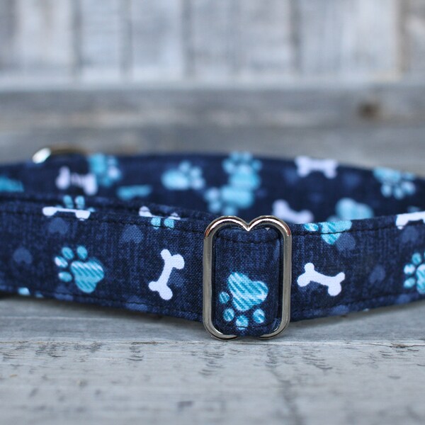 Bone and Paw Dog Collar, Paw Print Dog Collar, Male Dog Collar, Fabric Dog Collar, Large Dog Collar, Small Dog Collar, Gift for Pet Lovers