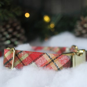 May include: Red and white plaid dog collar with gold metal hardware.