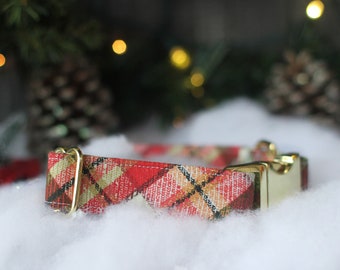 Christmas Plaid Collar, Holiday Pet Collar, Large Dog Collar, Male Dog Collar, Red Plaid Dog Collar