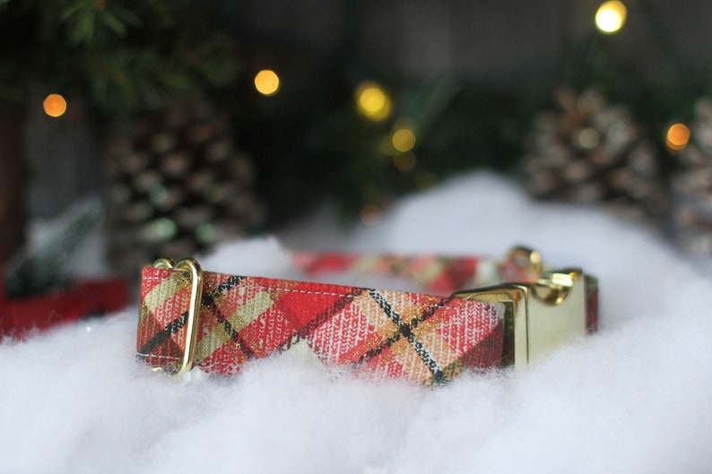 May include: Red and white plaid dog collar with gold metal hardware.