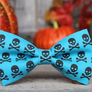 May include: A turquoise blue bow tie with a black skull and crossbones pattern.