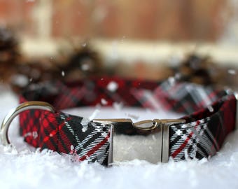 Red and Black Plaid Dog Collar, Christmas Pet Collar, Male Dog Collar, Gift, Large Dog Collar, Small Dog Collar