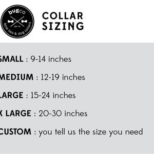 May include: Collar sizing chart for dogs, showing sizes from small to extra large, with corresponding neck measurements in inches.  Custom sizes are also available.