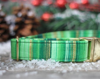 Green Christmas Stripes Dog Collar, Holiday Dog Collar, Small Dog Collar, Male Dog Collar, Large Dog Collar, Girl Dog Collar