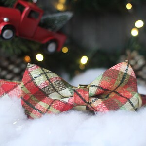 May include: A red and green plaid bow tie with a gold buckle. The bow tie is on a white fluffy surface.