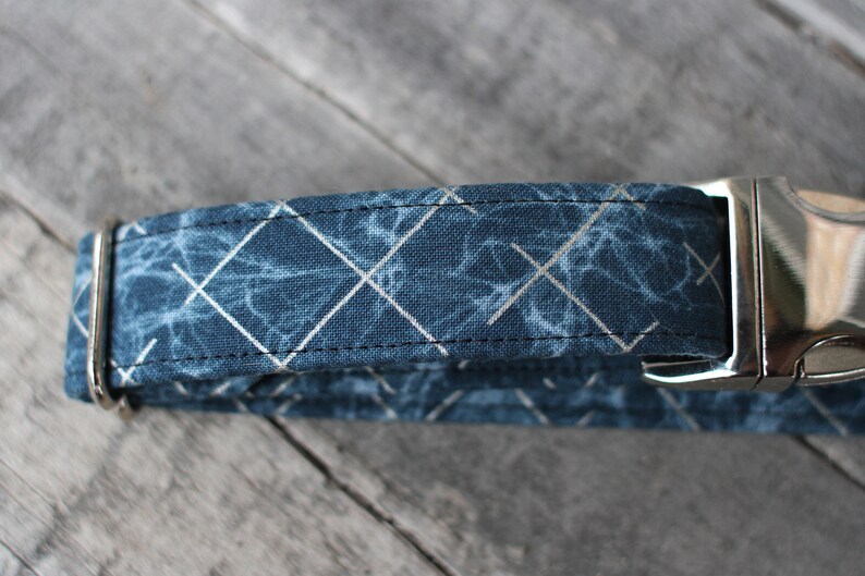 Peut inclure: Un collier pour chien bleu et argent avec un motif g&eacute;om&eacute;trique. Le collier a une boucle argent&eacute;e et est fait de tissu.