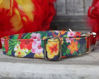 Navy Hawaiian Dog Collar, Floral Dog Collar, Female Dog Collar, Male Dog Collar, Large Dog Collar, Small Dog Collar, Pet Collar