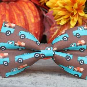 May include: A brown bow tie with a blue truck pattern carrying pumpkins. The trucks are turquoise blue with white wheels and brown beds. The background is brown with a white outline around each truck.